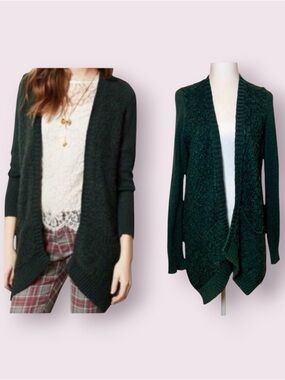 Anthropologie Sleeping On Snow Open Front Boucle Cardigan Sweater Forrest Green